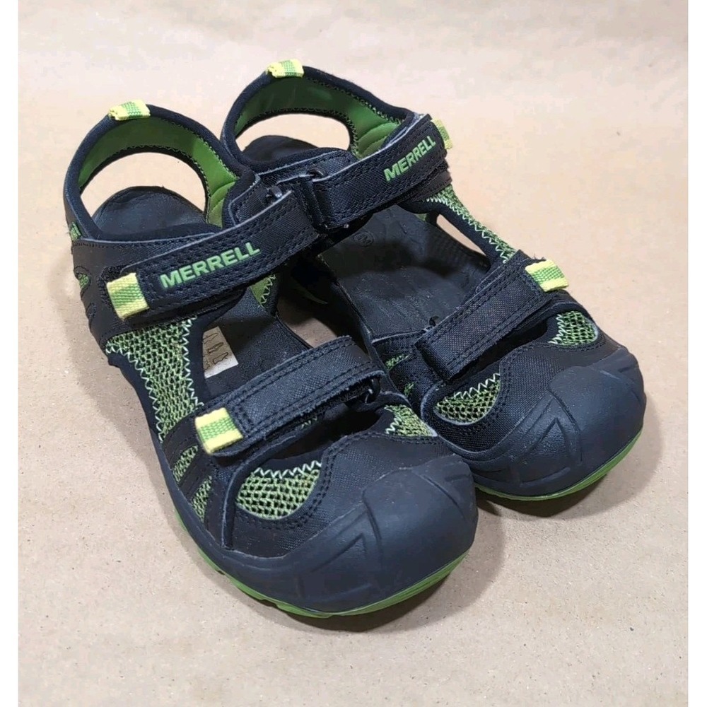 Merrell Boys Size 2M Hydro Rapid Sport Sandals Black Green Youth Leather Upper
